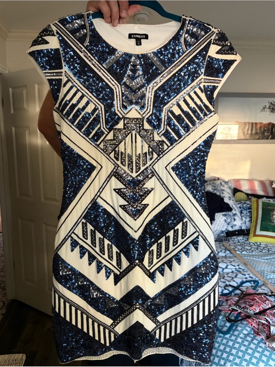 Express Dresses & Skirts - Express Blue and Cream Sequin Geometric Stretchy Fitted Mini Dress. NWOT.